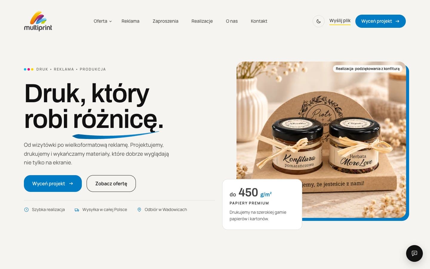Strona internetowa drukarni Multiprint w Wadowicach zaprojektowana przez YELV